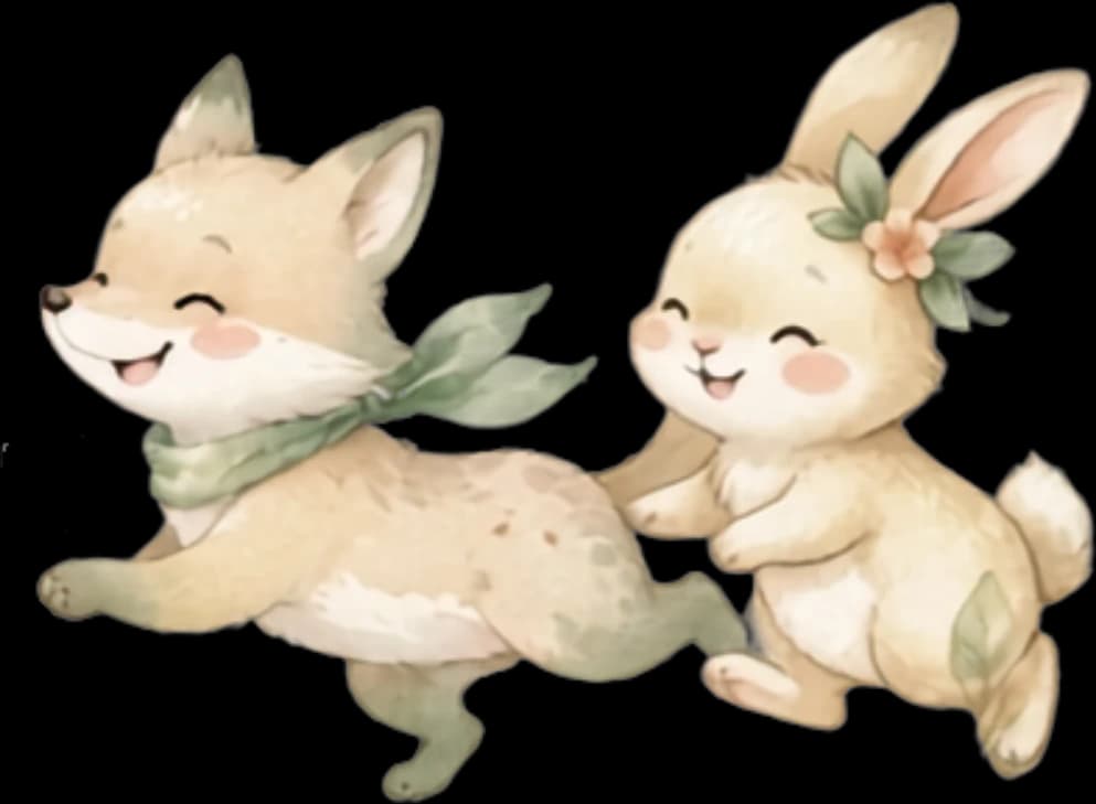 Bento, a raposa guardiã, e Isabelle, a coelha guardiã, correndo de mãos dadas para receber o visitante.